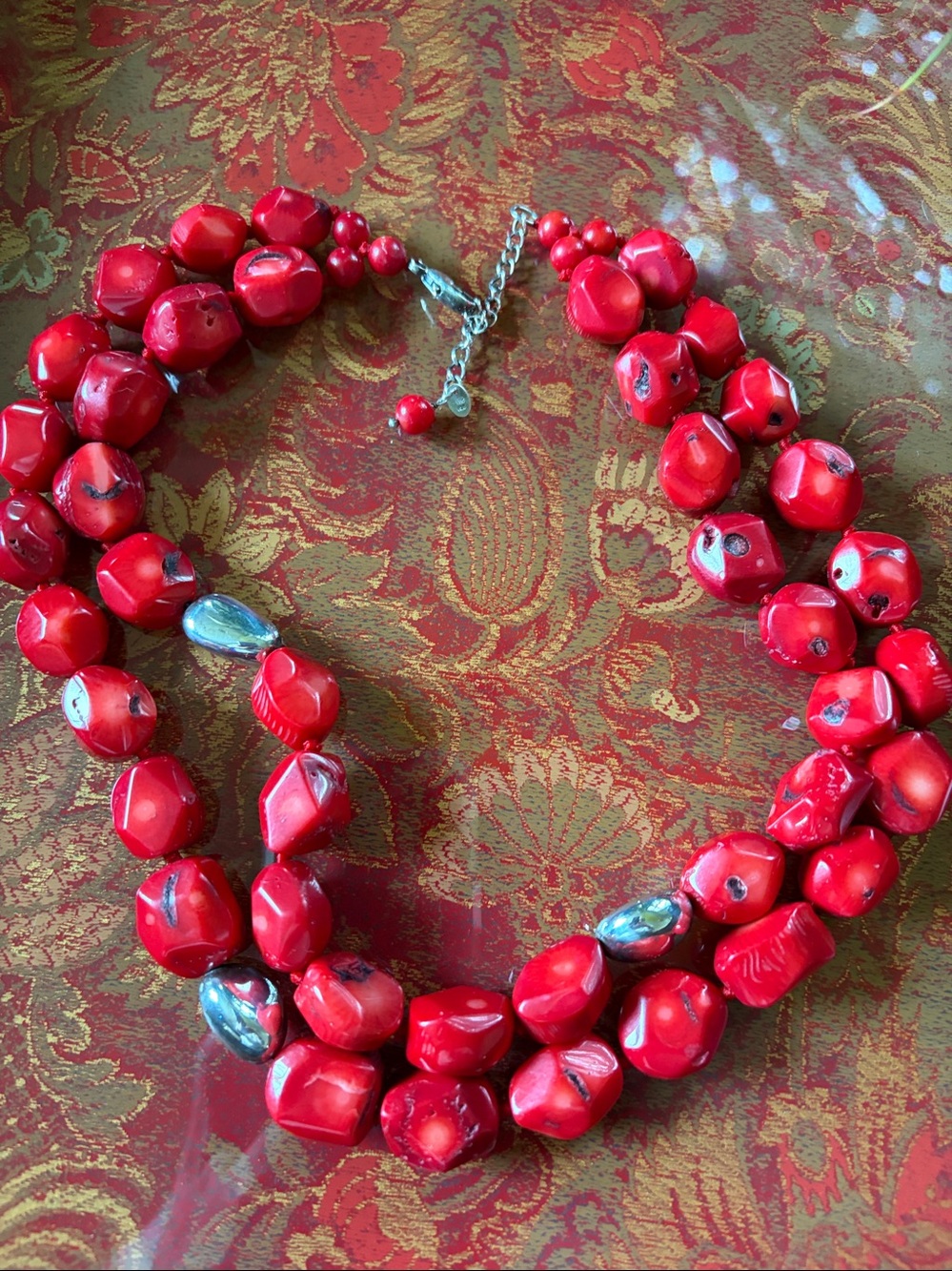 Vtg Lucas Lameth Genuine Red Coral and Sterling Bead Double Strand Necklace